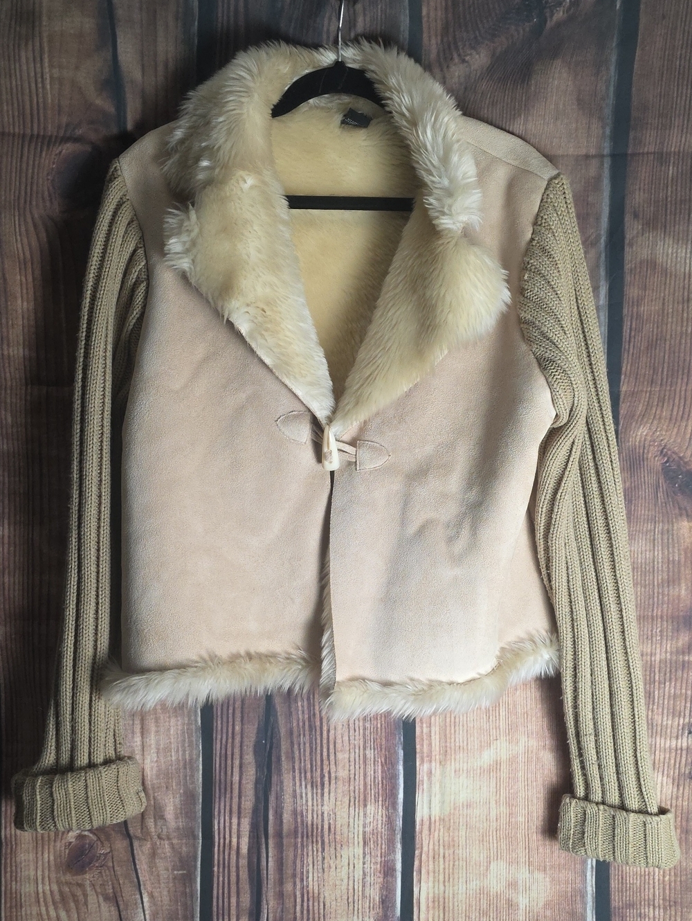 Tally Ho Cream Faux-Shearling Jacket with Knit Sleeves